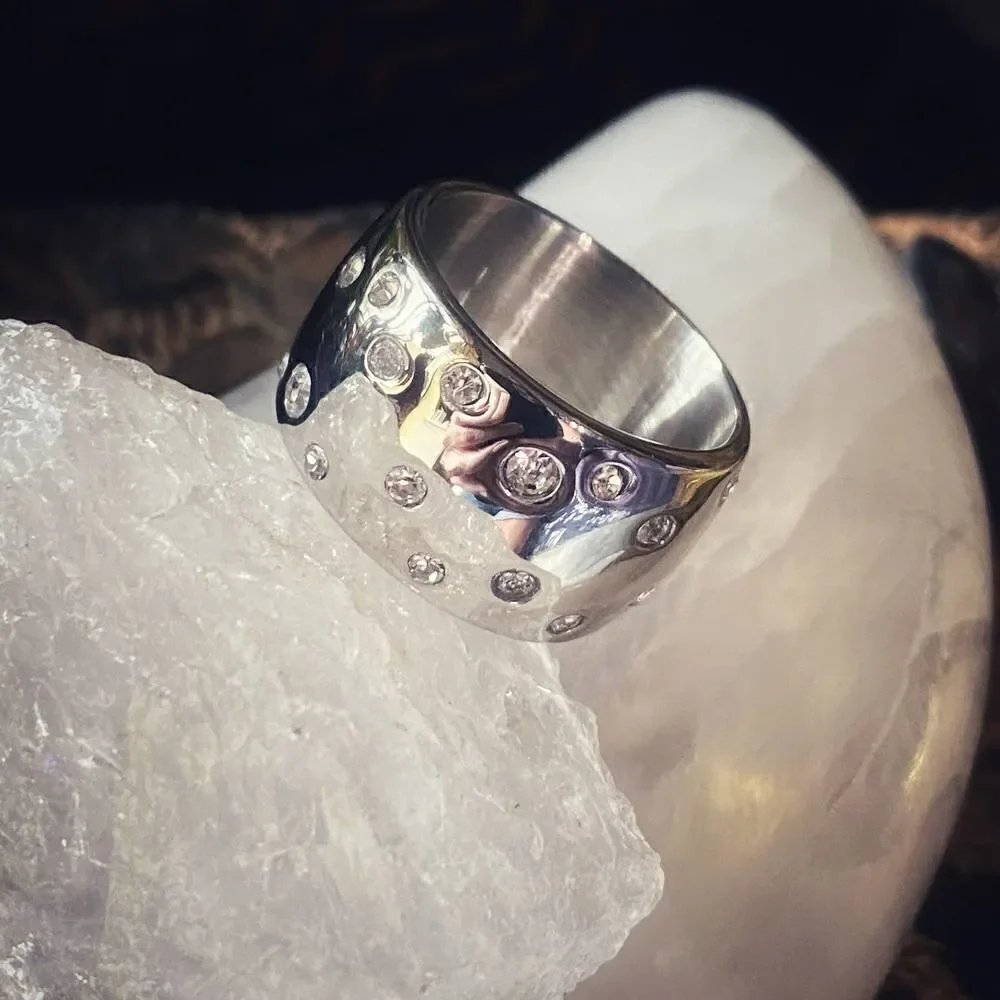 Stainless Steel Wide Band CZ Ring Sizes 7,10